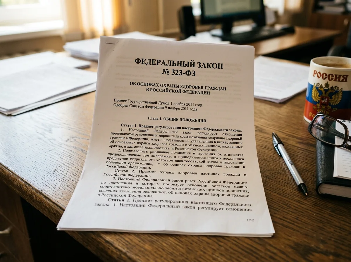 Документ Федерального закона 323-ФЗ об основах охраны здоровья граждан, официальный российский нормативный акт, напечатанный на бумаге
